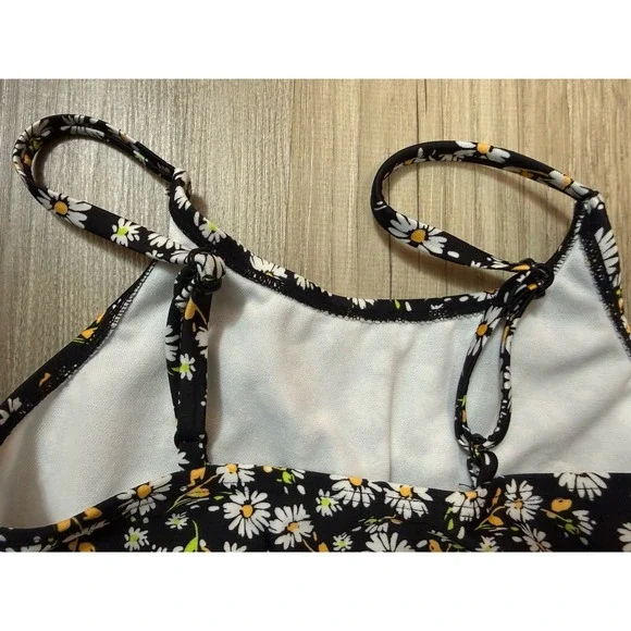 Girls Art Class Daisy Floral One Piece Swimsuit Size 8 Black Cutout Knot Front - Picture 4 of 6